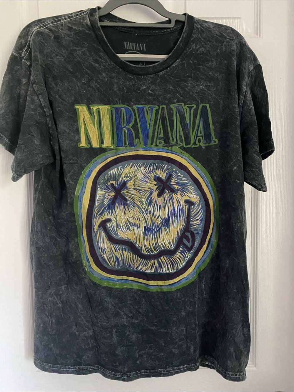 NIRVANA Black Tee with Green and Blue Smiley Graphic